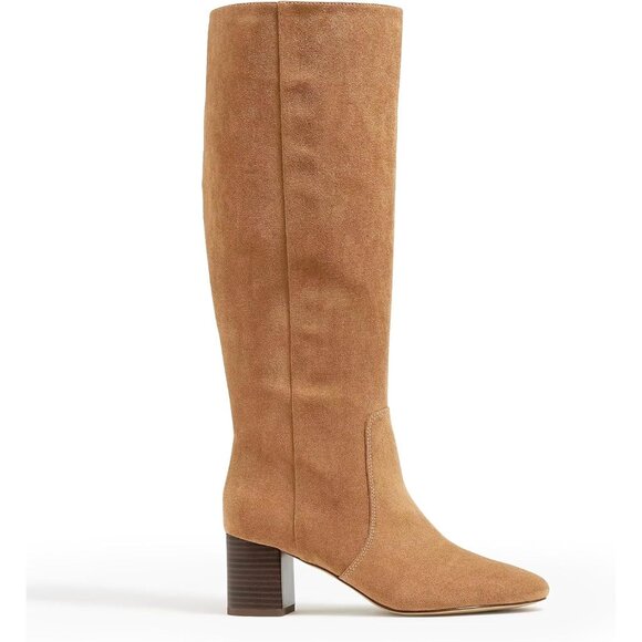 Women's Light Brown Chunky Heel Knee High Boots Suede Round Toe Fall Winter Tall - Picture 5 of 6